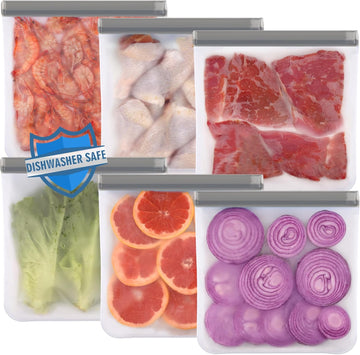 Lerine 6 Pack Reusable Gallon Freezer Bags Dishwasher Safe, BPA Free Reusable 1 Gallon Bags, Leakproof Food Storage Bags for Marinate Meats, Cereal