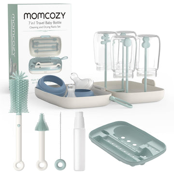 Momcozy Bottle Brush Set - Baby Bottle Cleaner Kit with Silicone Brush, Nipple Brush, Straw Brush, Soap Dispenser, Drying Rack