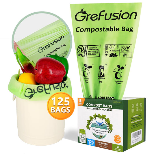 GreFusion Compostable Bags 1.2 Gallon,125 Count, Fits 0.75,1,1.2,1.3,1.6,1.8 Gallon Countertop Bin, Small compost bags, Certified by BPI, ASTM D6400 and OK Compost
