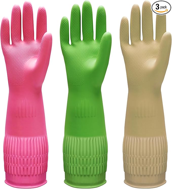 Bamllum 3 Pairs of Rubber Dishwashing Gloves for Kitchen and Household Cleaning – Long Cuff 15", Reusable, Flexible Long-lasting and Non-Slip (Red+Yellow+Green, Large)