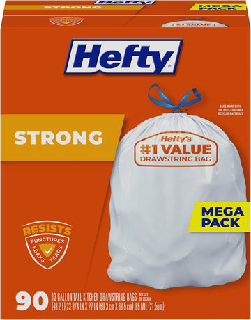 Hefty Strong 13 Gallon Trash Bags, Tall Kitchen Trash Bags, UnscentedLarge Trash Bags with Drawstrings, Durable Closure, Resists Leaks, Punctures