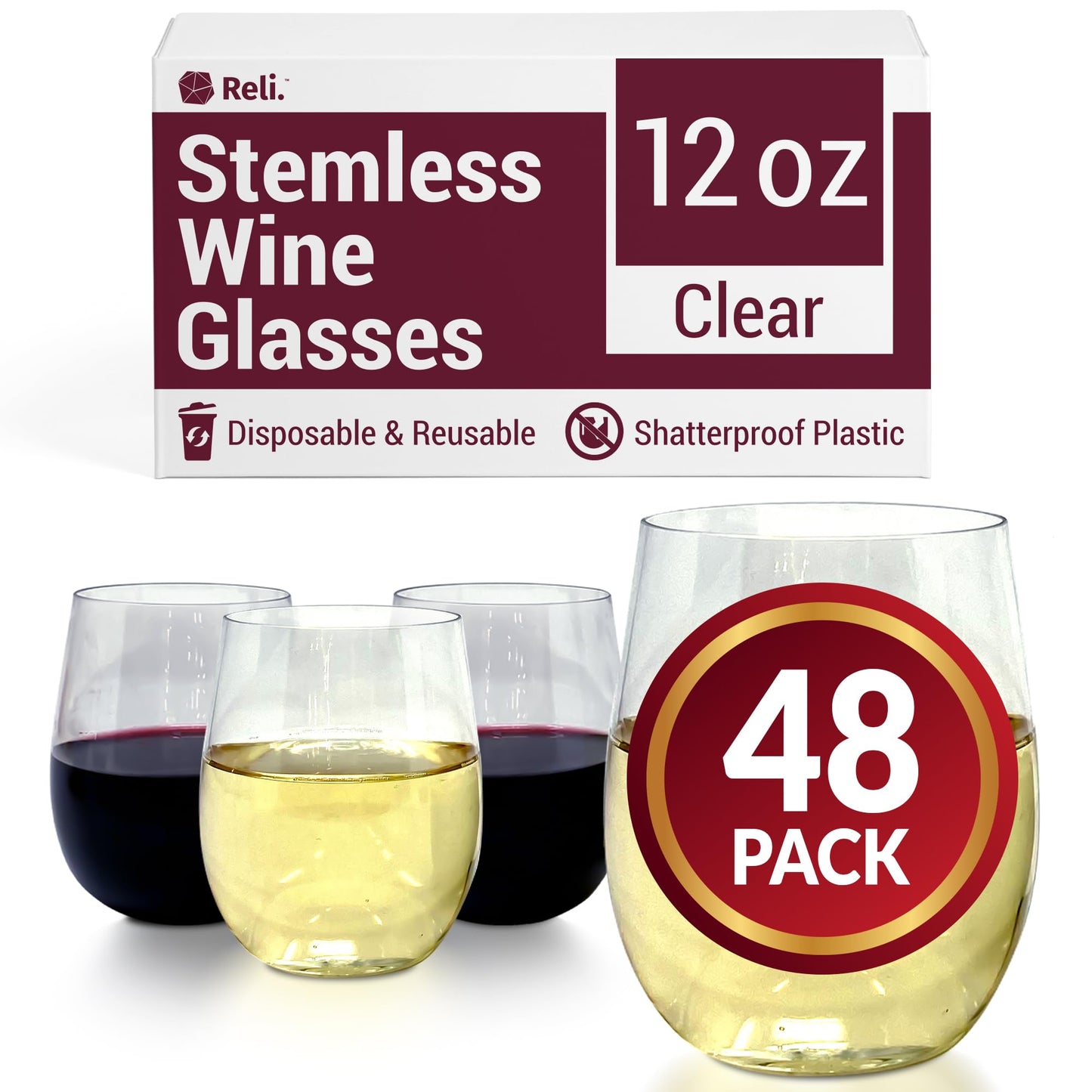 Reli. Disposable Wine Glasses (48 Pack, 12oz) Plastic Stemless Wine Glasses Disposable | Clear and Stemless for Parties, Cocktails, Whiskey, Weddings | Shatterproof