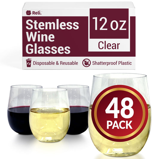 Reli. Disposable Wine Glasses (48 Pack, 12oz) Plastic Stemless Wine Glasses Disposable | Clear and Stemless for Parties, Cocktails, Whiskey, Weddings | Shatterproof