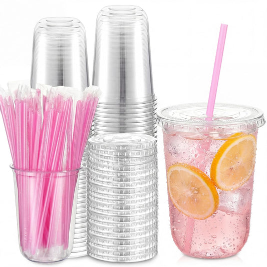Ziliny 50 Pack 16 oz Clear Plastic Cups with Lids and Straws Disposable Iced Coffee Cups Round Bottom To carry Cup for Coffee Smoothie Cold Drinks Juice Milkshake Tea (Pink)