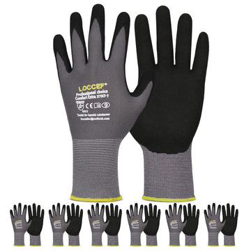 LOCCEF Work Gloves MicroFoam Nitrile Coated-6 Pairs, Seamless Knit Nylon Gloves, Gray Work gloves