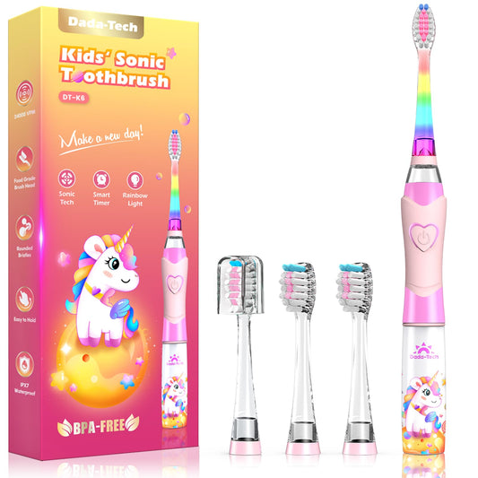 Kids Electric Toothbrush Toddler Toothbrush Age 2-4-8-12 Electric Toothbrush Kids with Timer Rainbow LED Light Up Vibrating Toothbrush Battery Operated Childrens Girls Sonic Tooth Brush (Pink Unicorn)