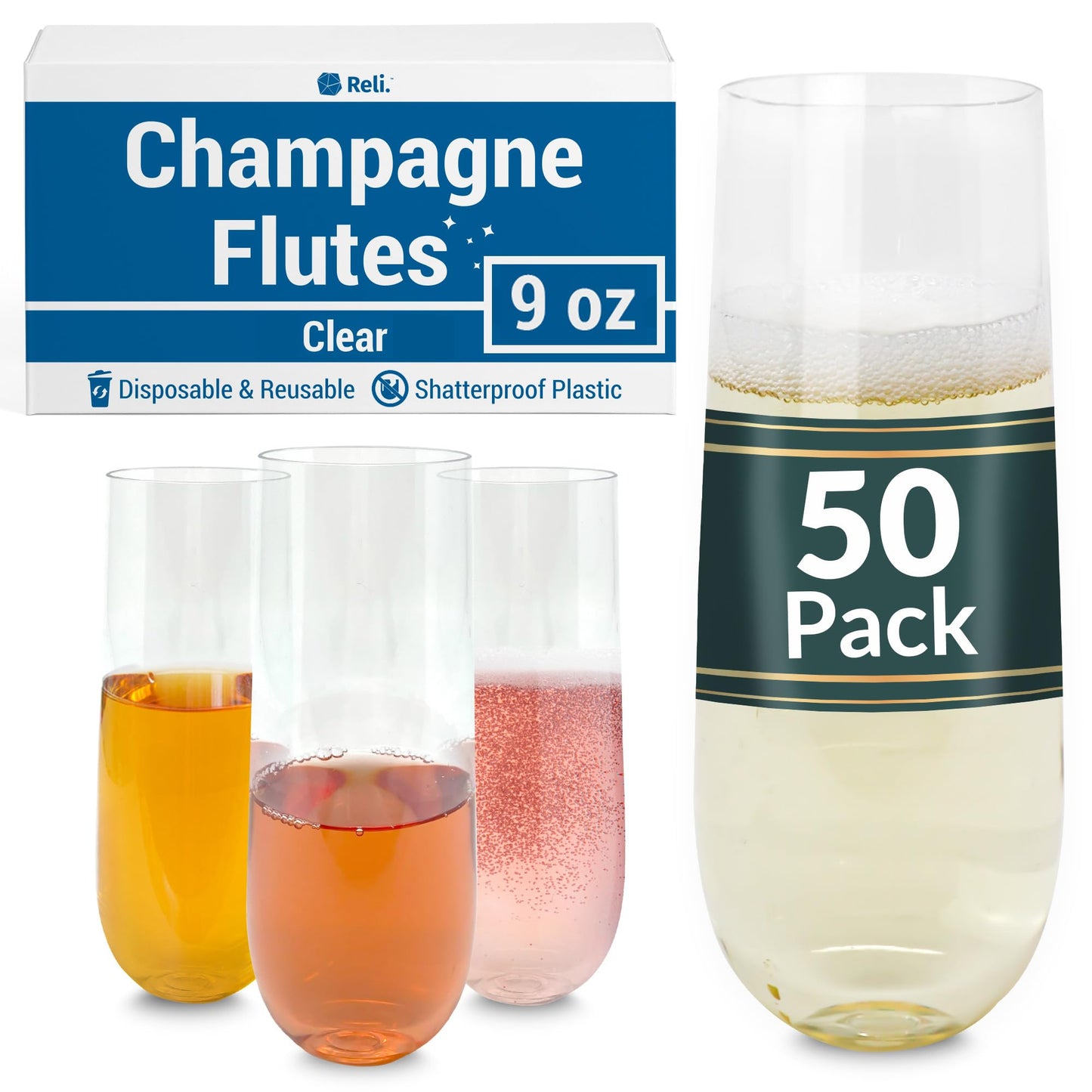 Reli. Champagne Flutes Plastic (50 Pack, 9oz) Clear, Stemless | Disposable Mimosa Glasses for Champagne, Mimosa, Cocktail, Wedding/Parties | BPA-Free Plastic Champagne Flutes, Shatterproof Cups