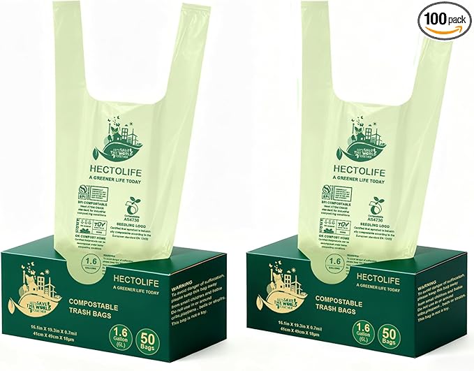 HECTOLIFE 1.6 Gallon 100 Count,Compostable Bags Handle Tie,Tear Resistant Kitchen Food Scrap Waste Bag, ASTM D6400, US BPI and Europe OK Compost Home Certified