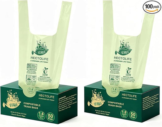 HECTOLIFE 1.6 Gallon 100 Count,Compostable Bags Handle Tie,Tear Resistant Kitchen Food Scrap Waste Bag, ASTM D6400, US BPI and Europe OK Compost Home Certified