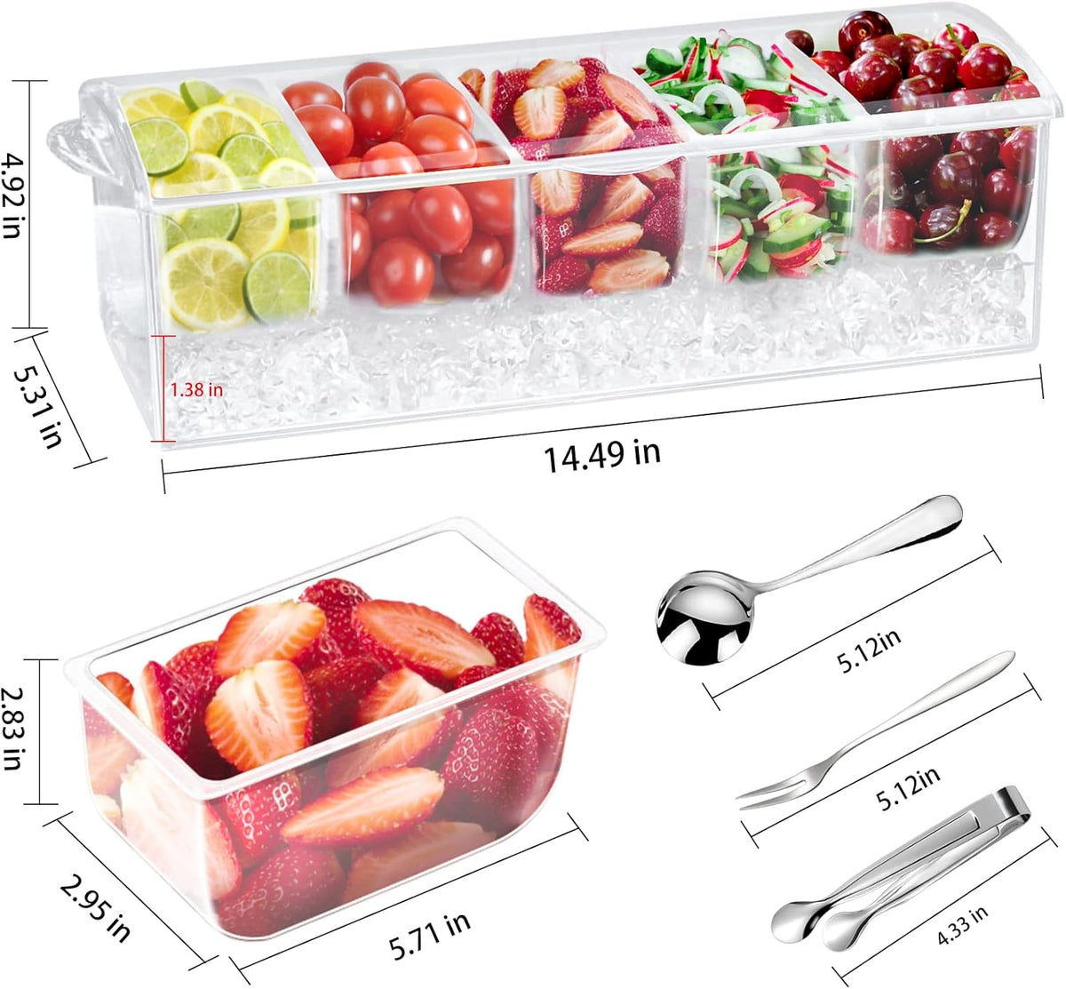 Condiment Tray with Stainless Steel 5 Spoons, 5 Forks and 1 Clip, Chilled Condiment Server, Condiment Server, Bar Garnish Holder on Ice, Bar Accessories Fruit and Salad with Removable Trays and Lid