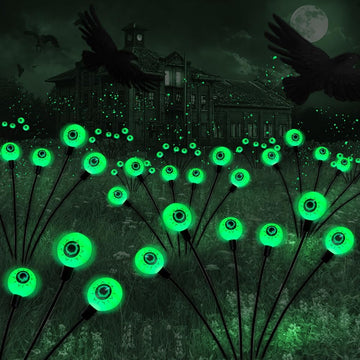 BeHiller Halloween Decorations Outdoor Solar Scary Eyeball Lights,2PACKS 12LED Green Eyeball Swaying Firefly Lights,Waterproof Solar Halloween Path