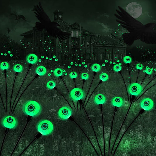 BeHiller Halloween Decorations Outdoor Solar Scary Eyeball Lights,2PACKS 12LED Green Eyeball Swaying Firefly Lights,Waterproof Solar Halloween Path