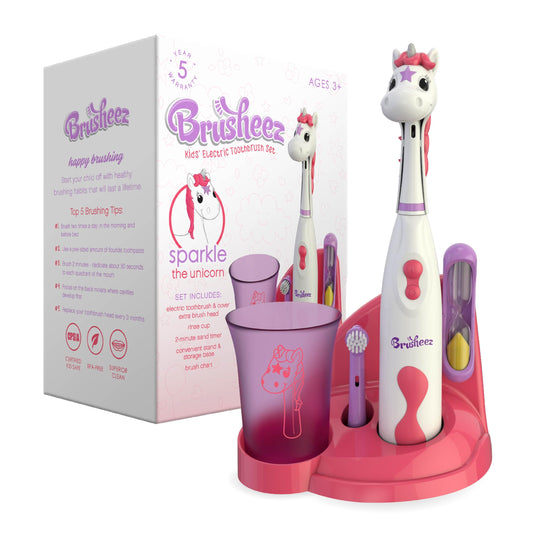 Brusheez Kids’ Electric Toothbrush Set - Safe & Effective for Ages 3+ - Parent Tested & Approved with Gentle Bristles, 2 Brush Heads, Rinse Cup, 2-Minute Timer, & Storage Base (Sparkle the Unicorn)