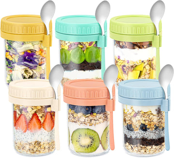 DRKIO 6 Pack Overnight Oats Containers with Lids and Spoons 16 Oz Glass Mason Jars for Overnight Oats Leak Proof Oatmeal Container Great