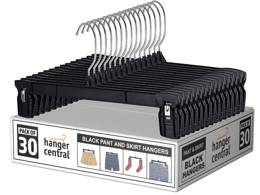Hanger Central 30 Pack Pants Hangers – 12 Inch Slim Plastic Clothes Hangers with Clips for Skirts, Shorts & Trousers – Non Slip Grip, Heavy Duty Space Saver with Swivel Hook – Black Closet Organizer