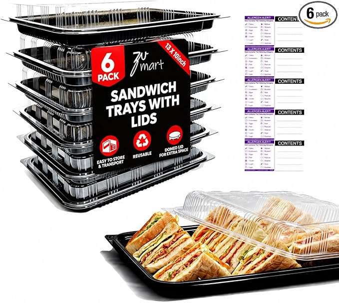 6 Pack Catering Trays with Lid – 13" Serving Trays with Lids - Reusable Serving Platter With Lid for Catering, Buffet, Picnics & Events – Party Trays With Lids (13.39 × 9.84 × 2.95 inch)