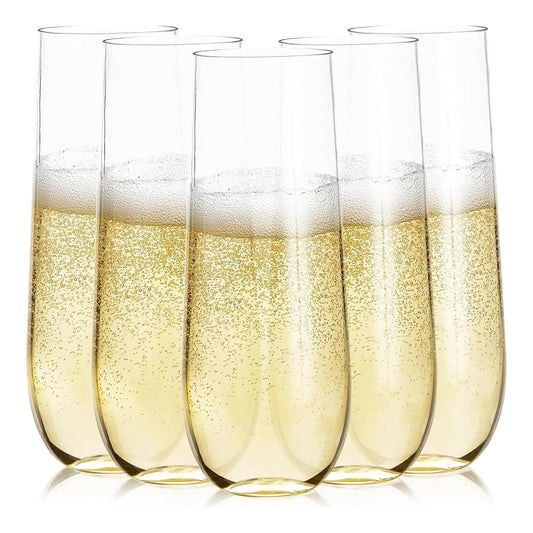 Prestee 24 Plastic Champagne Flutes - 9oz Heavy Duty Stemless Champagne Glasses for Parties - Disposable Clear Plastic Toasting Glasses, Mimosa Glass for New Year’s Eve Party Supplies