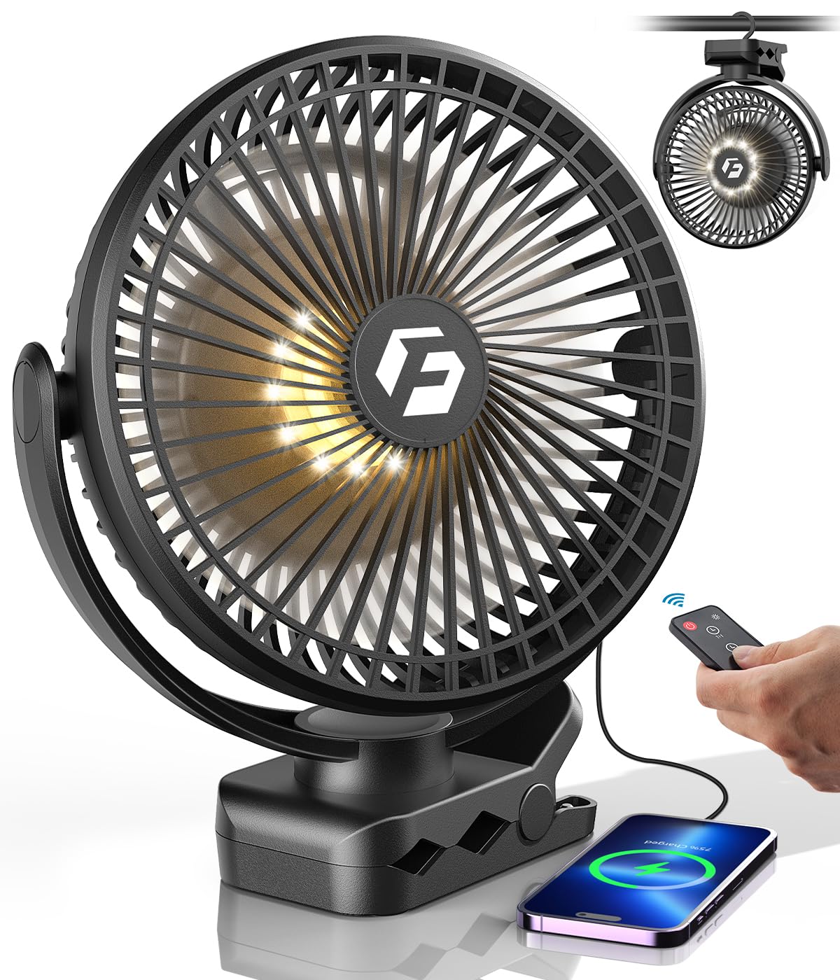 40000mAh Clip on Fan for Golf Cart - 8-inch Portable Rechargeable Fans - Max Up to 150Hrs Work Time - Battery Operated Fan with LED, Remote, Timers, Hook for Office, Desk, Camping, Treadmill, Tent