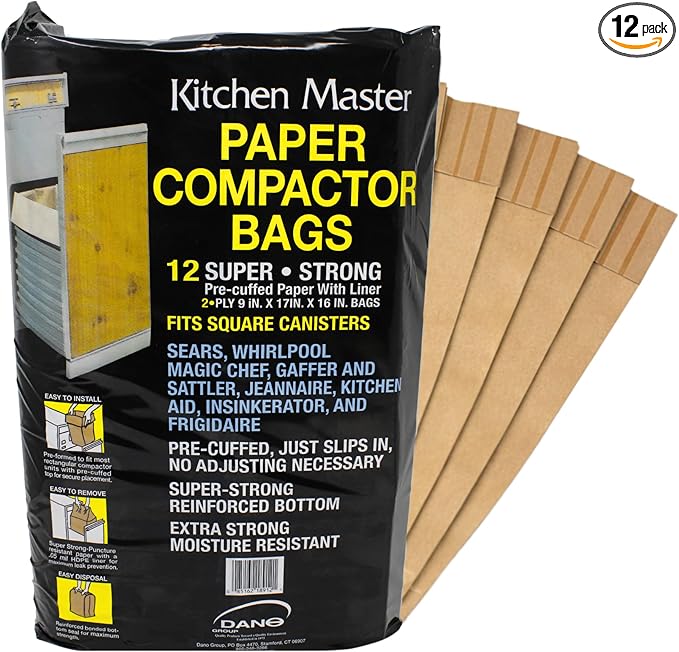 Kitchen Master Super Strong Compactor Bags (12 Pack) | Precuffed, Garbage Compactor Bags, Kitchen Liner, Paper Trash Bin Press, Kitchen Essential, Paper Garbage Press Liner