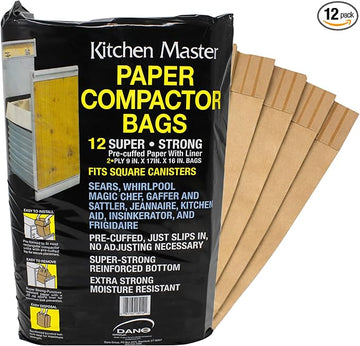 Kitchen Master Super Strong Compactor Bags (12 Pack)| Precuffed, Garbage Compactor Bags, Kitchen Liner, Paper Trash Bin Press, Kitchen Essential