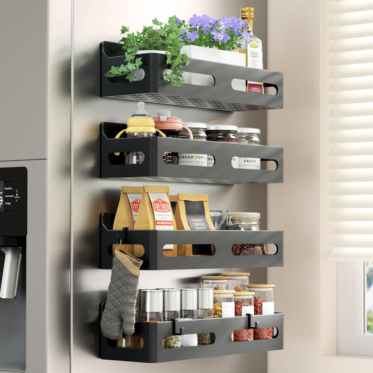 4 Pack Strong Magnetic Spice Rack for Refrigerator, Multipurpose Magnetic Shelf for Fridge with 4 Hooks for kitchen and Bathroom Organization, Black