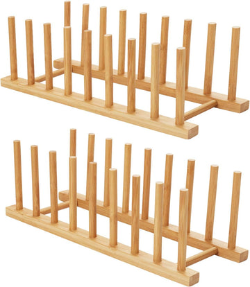HBlife 2pcs Bamboo Dish Plate Bowl Cup Book Pot Lid Cutting Board Drying Rack Stand Drainer Storage Holder Organizer Kitchen Cabinet(Keep Dry)