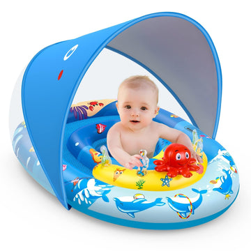 EZIGO Baby Pool Float with Canopy Upf50+ Sun Protection, Inflatable Kids Pool Floats with Ocean Animal Toys for Baby 6-36 Months