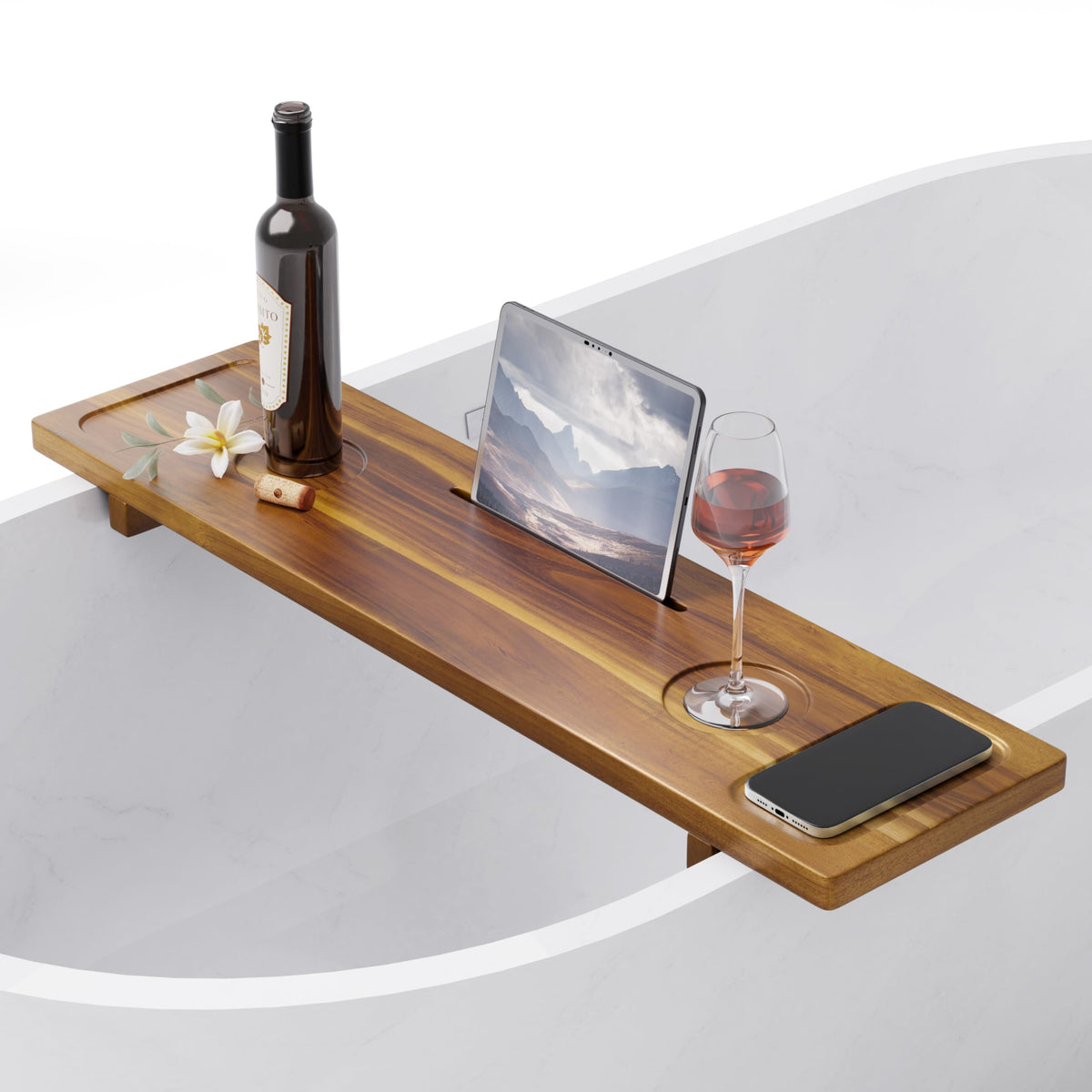 Bathtub Tray, Acacia Bath Tray for Tub, 34.6''x9'' Wooden Bathtub Caddy Tray with Adjustable Legs Fit Various Bathtubs, Anti-Tipping, Sustainable Bath Table with Wine Glass and Tablet Holder