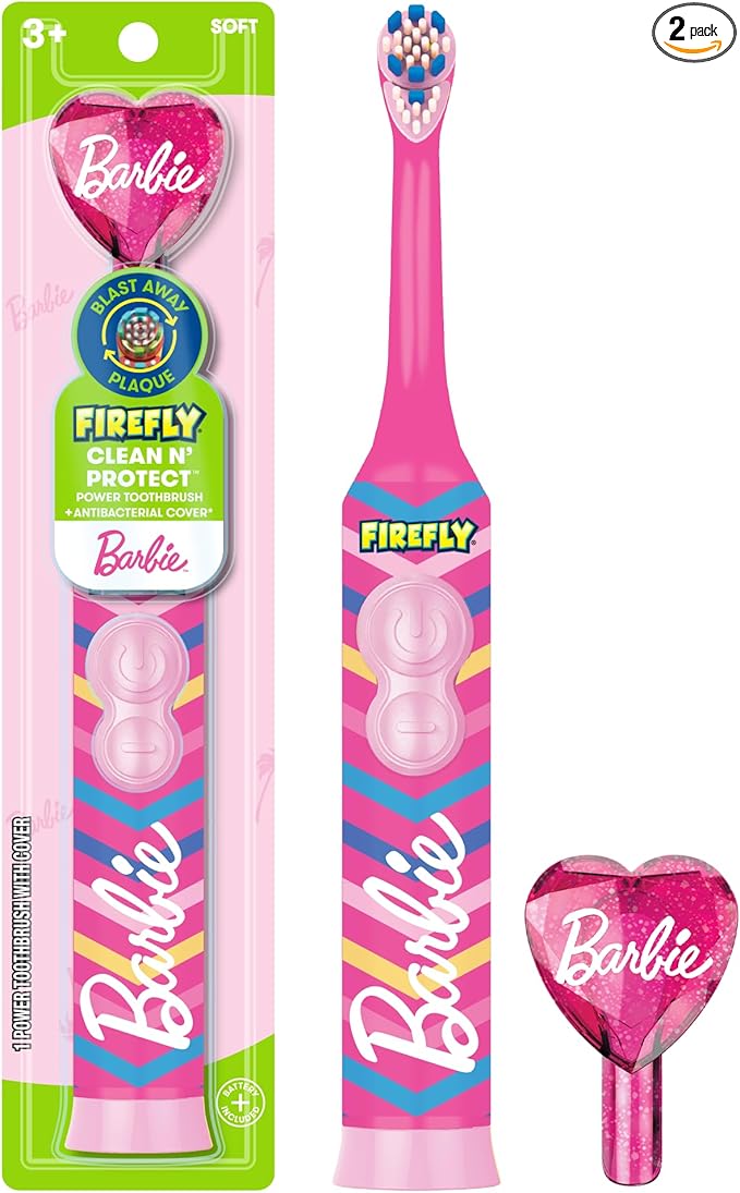 FIREFLY Clean N' Protect Barbie Toothbrush with Antibacterial Cover, Soft Bristles, Battery Included, Ages 3+, 1 Count
