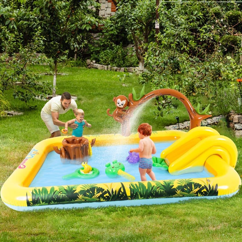 Inflatable Jungle Animal Play Center Outdoor Playhouse Inflatable Water Park with Kid Pool Slide, Sprinkler Toy with Base Pool, Monkey, Tree Stump for Garden Backyard