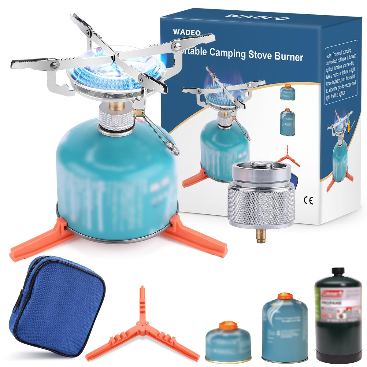 WADEO Portable Camping Stove Burner, Backpacking Stove with 1LB Propane Tank Adapter, Fuel Can Canister Stand and Carry Case, Portable Collapsible Propane Camping Burner for Outdoor Cooking