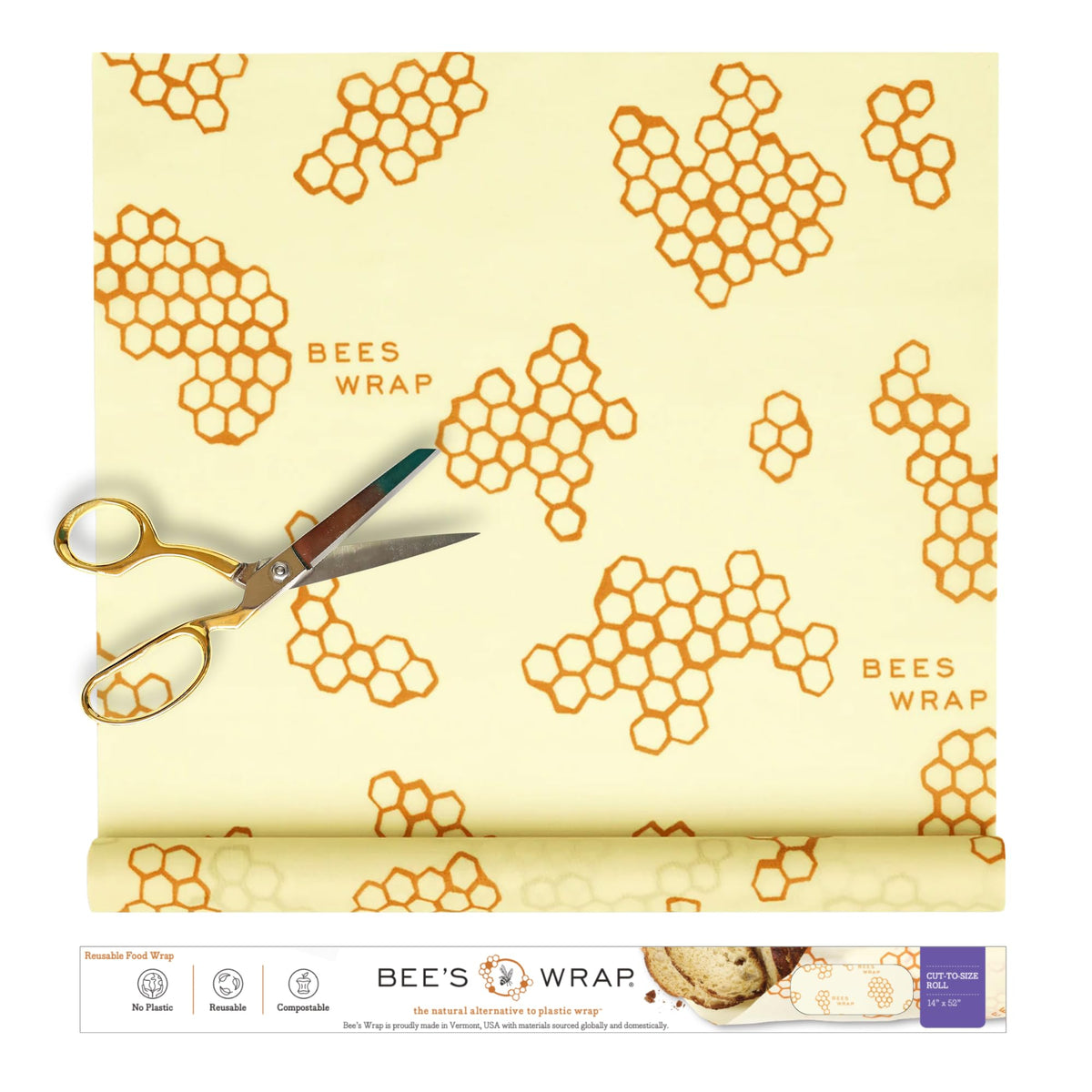 Bee's Wrap Beeswax Wraps for Food - Cut to Size 14x52" Beeswax Wrap Roll - Plastic Free Made in USA Reusable Natural Food Wrap - Honeycomb