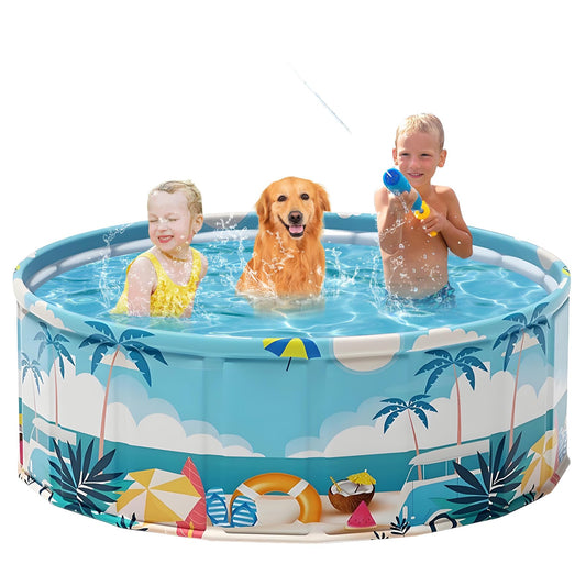 Foldable Swimming Pool for Kids 62.9"x17.7" Hard Plastic Portable Dog Pool Anti-Slip Collapsible Pets Bathtub Kiddie Pool Indoor Outdoor Backyard (Beach Party 63'')
