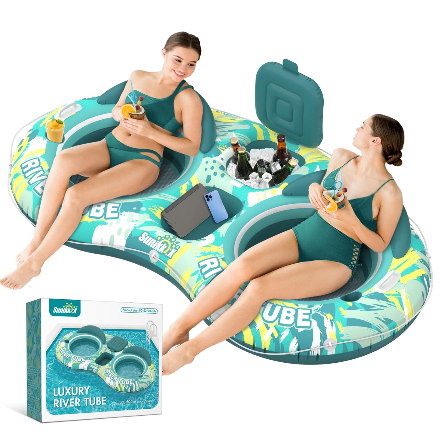 Sunikko X 5-in-1 Pool Floats Adult Heavy Duty River Tube, 2 Person Water Lounge Tanning Pool with Backrests, Built-in Cooler, Cup Holders, Deluxe Pool Toys for Summer Relaxation