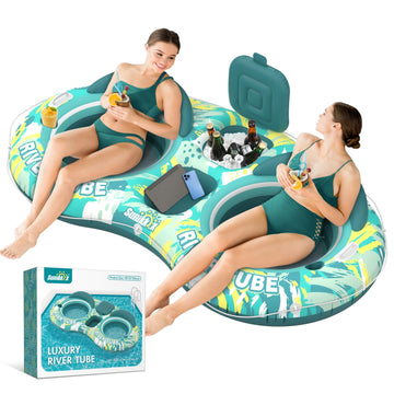 Sunikko X 5-in-1 Pool Floats Adult Heavy Duty River Tube, 2 Person Water Lounge Tanning Pool with Backrests, Built-in Cooler, Cup Holders
