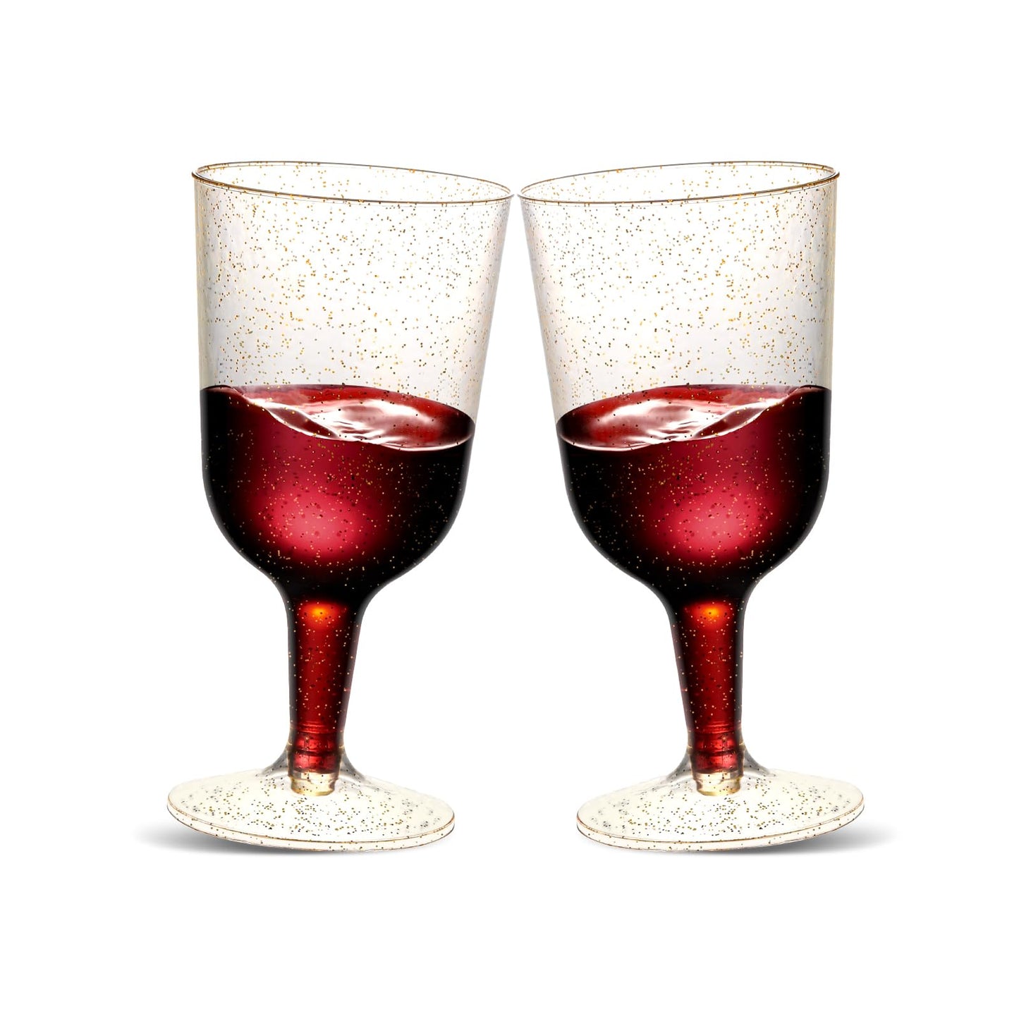 TENYASEN 30 Pack 6oz Plastic Wine Glasses – Disposable Gold Glitter Mini Stemware with Removable Base for Weddings, Parties, Champagne, Toasting