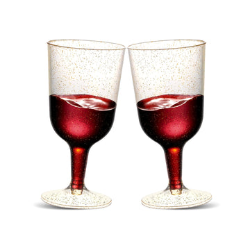 TENYASEN 30 Pack 6oz Plastic Wine Glasses – Disposable Gold Glitter Mini Stemware with Removable Base for Weddings, Parties, Champagne, Toasting
