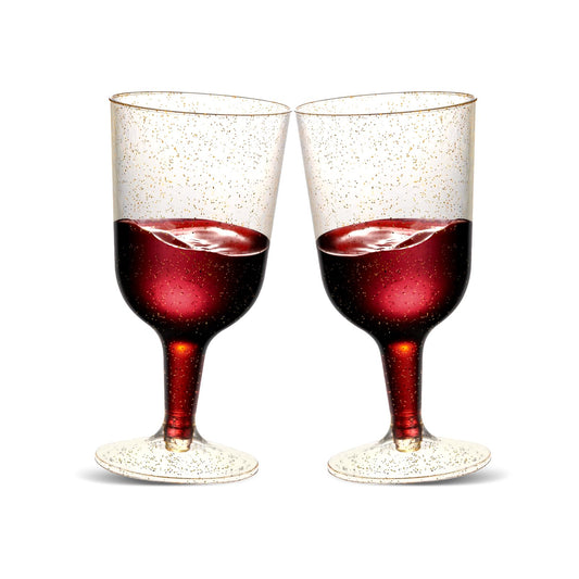 TENYASEN 30 Pack 6oz Plastic Wine Glasses – Disposable Gold Glitter Mini Stemware with Removable Base for Weddings, Parties, Champagne, Toasting