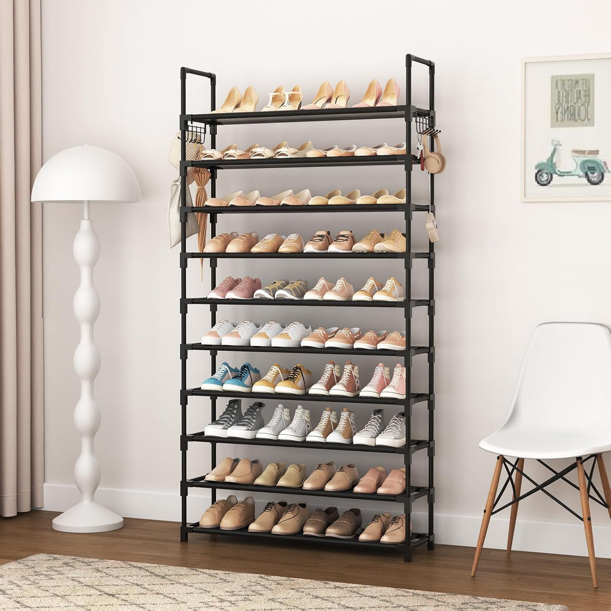 VTRIN 10 Tier Shoe Rack Tall Large Capacity 50 Pair Wide Shoe Organizer with Two Hooks Sturdy Metal Shoe Shelf for Entryway, Closet, Bedroom