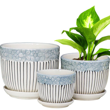 Ceramic Plant Pots Set of 3, 6.75/5.6/4.2 inch Planters with Drainage Holes and Saucer, Flower Pot Outdoor Indoor, Modern Decorative Planters