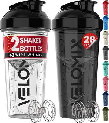 VELOMIX -2 Pack- 28 oz Protein Shaker Bottles for Protein Mixes - 2x Wire Whisk| Leak Proof Shaker Cups