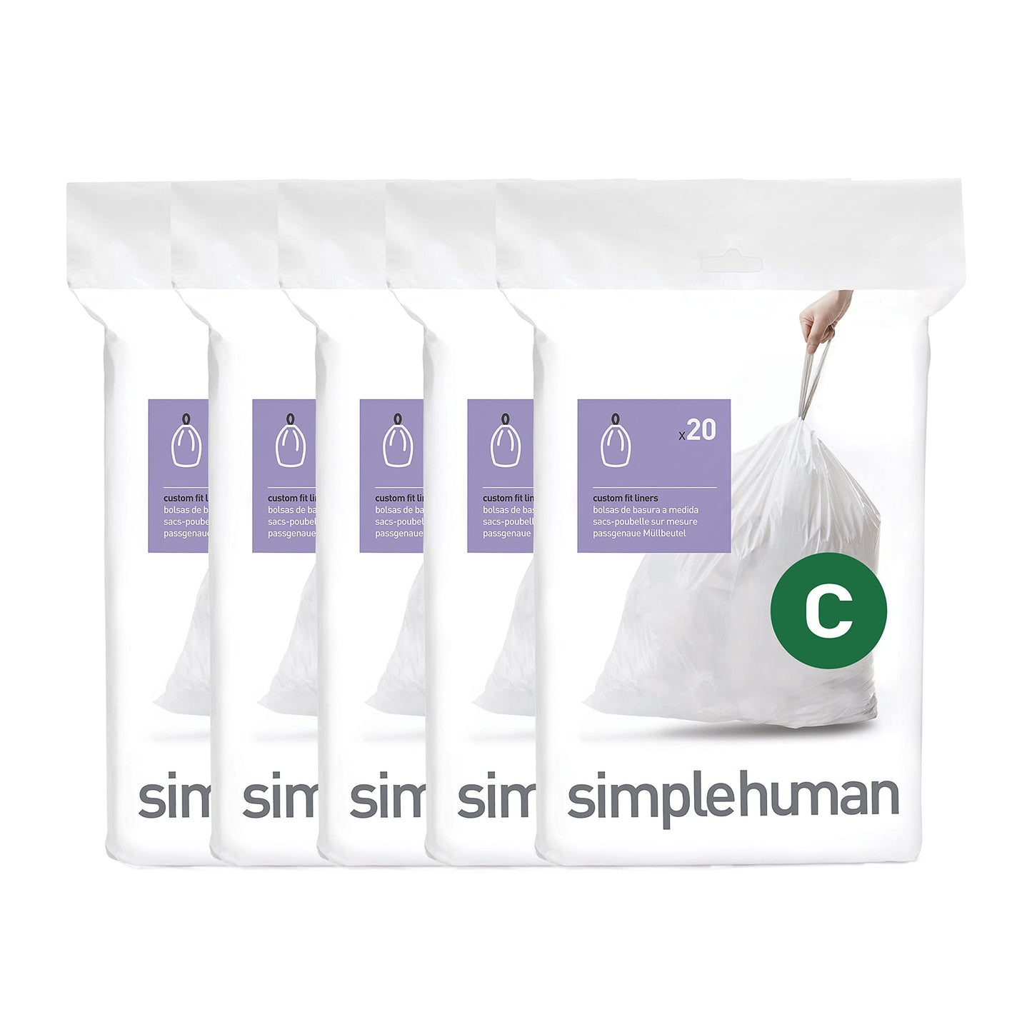 simplehuman Code C 100 Count Custom Fit Liners, Drawstring Kitchen Trash Bags, One-by-One Mess-Free Dispense, Extra Thick & Double Seamed, 50% PCR Plastic, 10-12 Liter / 2.6-3.2 Gallon, White