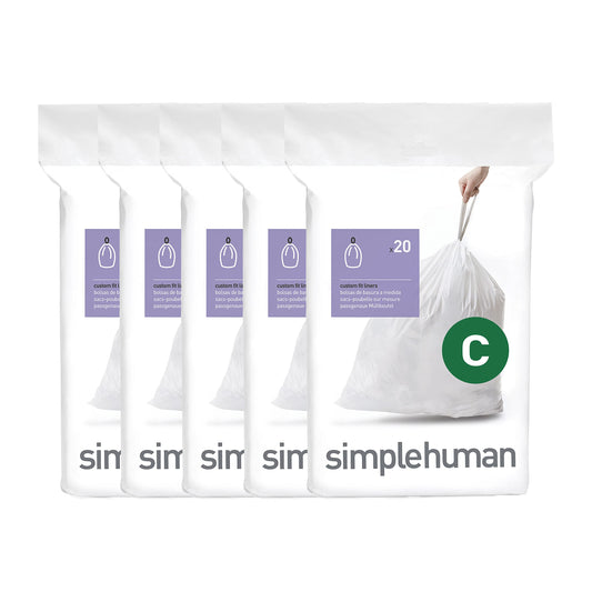 simplehuman Code C 100 Count Custom Fit Liners, Drawstring Kitchen Trash Bags, One-by-One Mess-Free Dispense, Extra Thick & Double Seamed, 50% PCR Plastic, 10-12 Liter / 2.6-3.2 Gallon, White