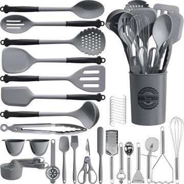 Kikcoin 43Pcs Large Kitchen Utensils Set - Silicone Cooking Utensils Set, Dishwasher Safe Spatula Set for Non-stick Cookware