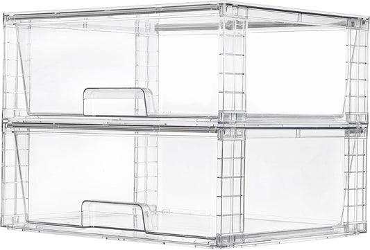Vtopmart 2 Pack Large Stackable Storage Drawers,Easily Assemble Clear Acrylic Bathroom Closet Undersink Organizers,Plastic Storage Bins for Cabinet,Kitchen Pantry,Medicine Organization