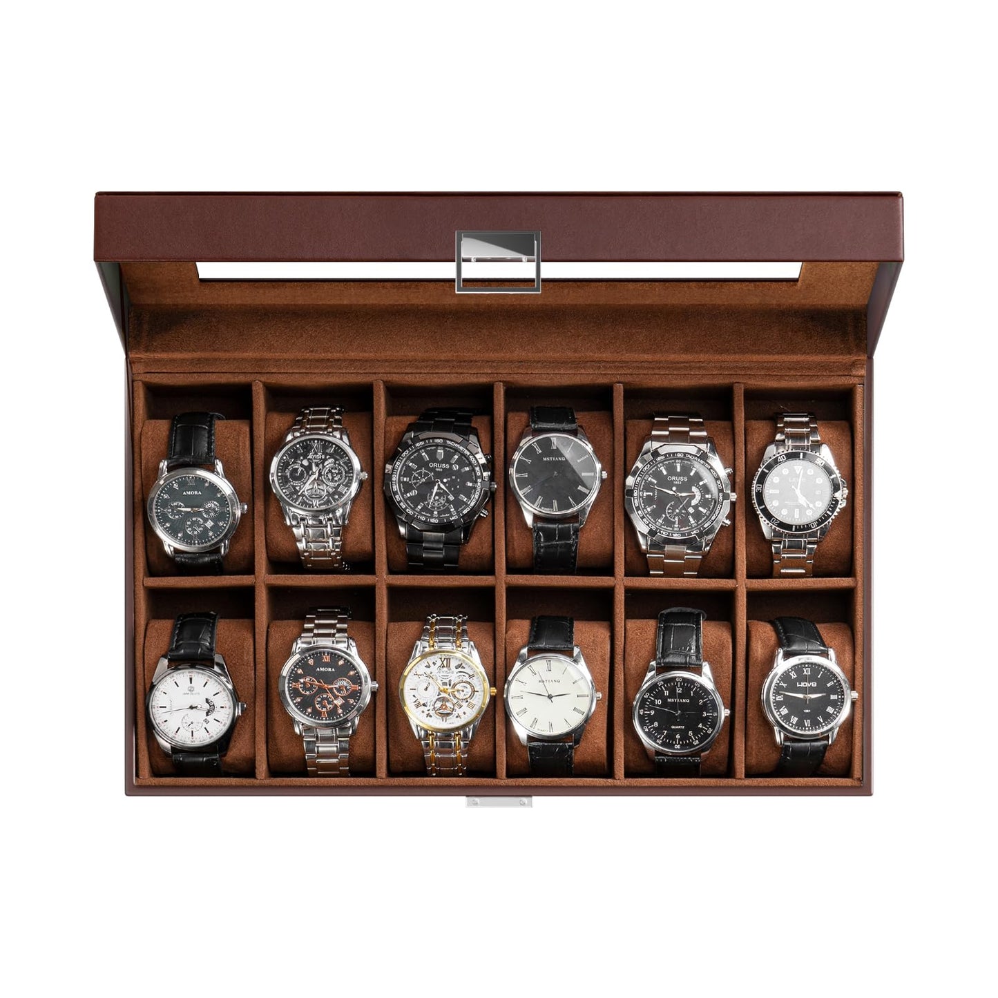 ProCase Watch Box Organizer, Fathers Day Gift for Dad, 12 Slot Watch Display Case With Glass Lid, Watch Storage Holder Mens Watch Case, Anniversary Birthday Gifts -12 Slot, Brown