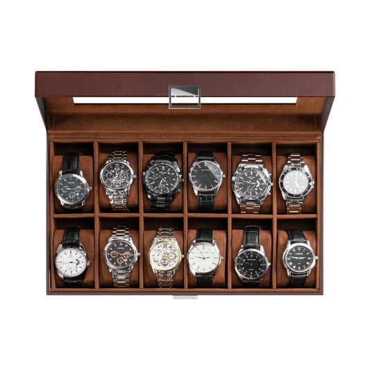 ProCase Watch Box Organizer, Fathers Day Gift for Dad, 12 Slot Watch Display Case With Glass Lid, Watch Storage Holder Mens Watch Case, Anniversary Birthday Gifts -12 Slot, Brown
