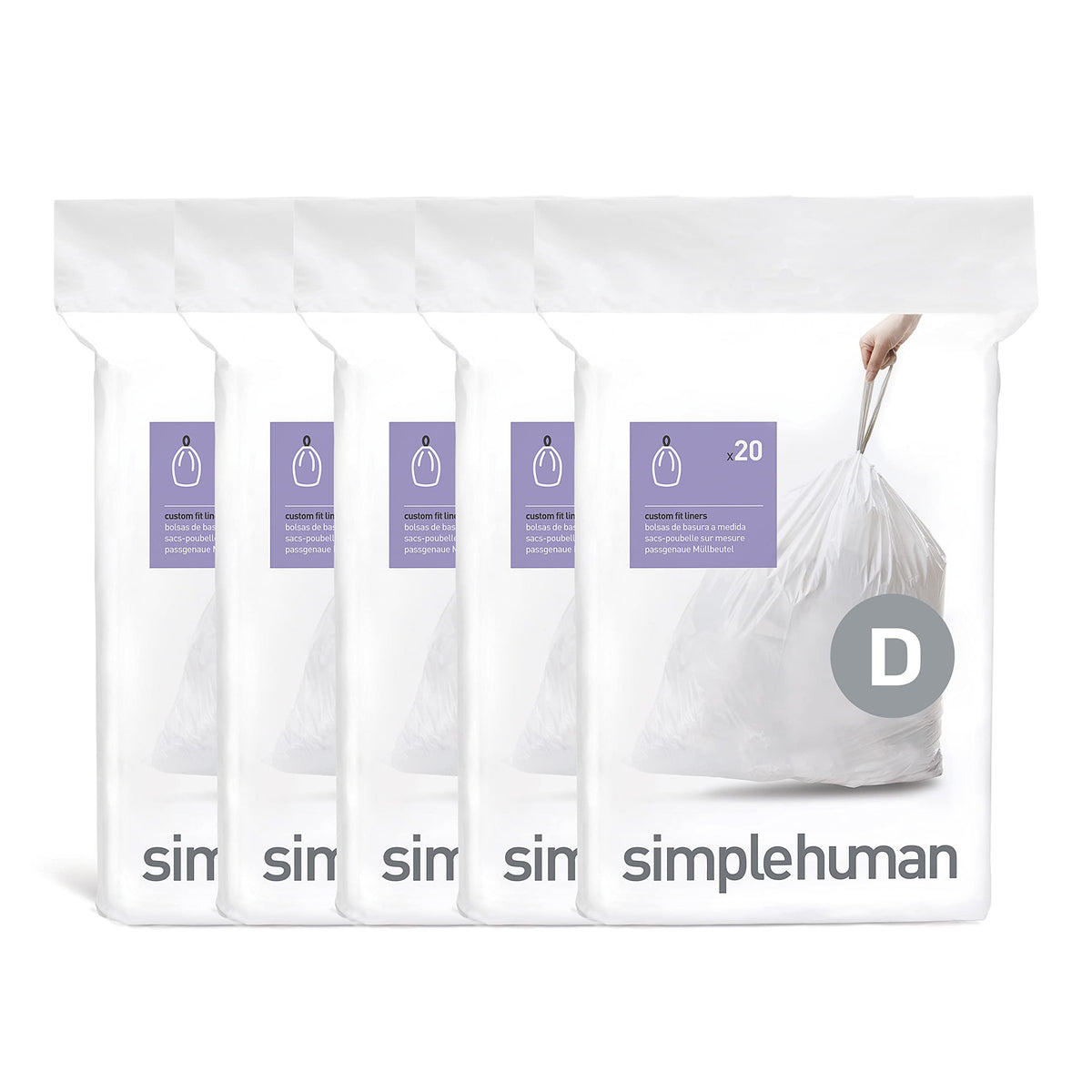 simplehuman Code D 100 Count Custom Fit Liners, Drawstring Kitchen Trash Bags, One-by-One Mess-Free Dispense, Extra Thick & Double Seamed, 50% PCR Plastic, 20 Liter / 5.3 Gallon, White