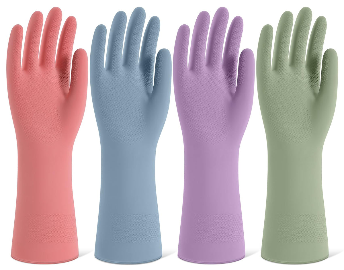 Rubber Cleaning Gloves for Dishwashing, 4 Pairs Reusable Kitchen Gloves for Washing Dishes and Household Cleaning, Colorful Dish Gloves