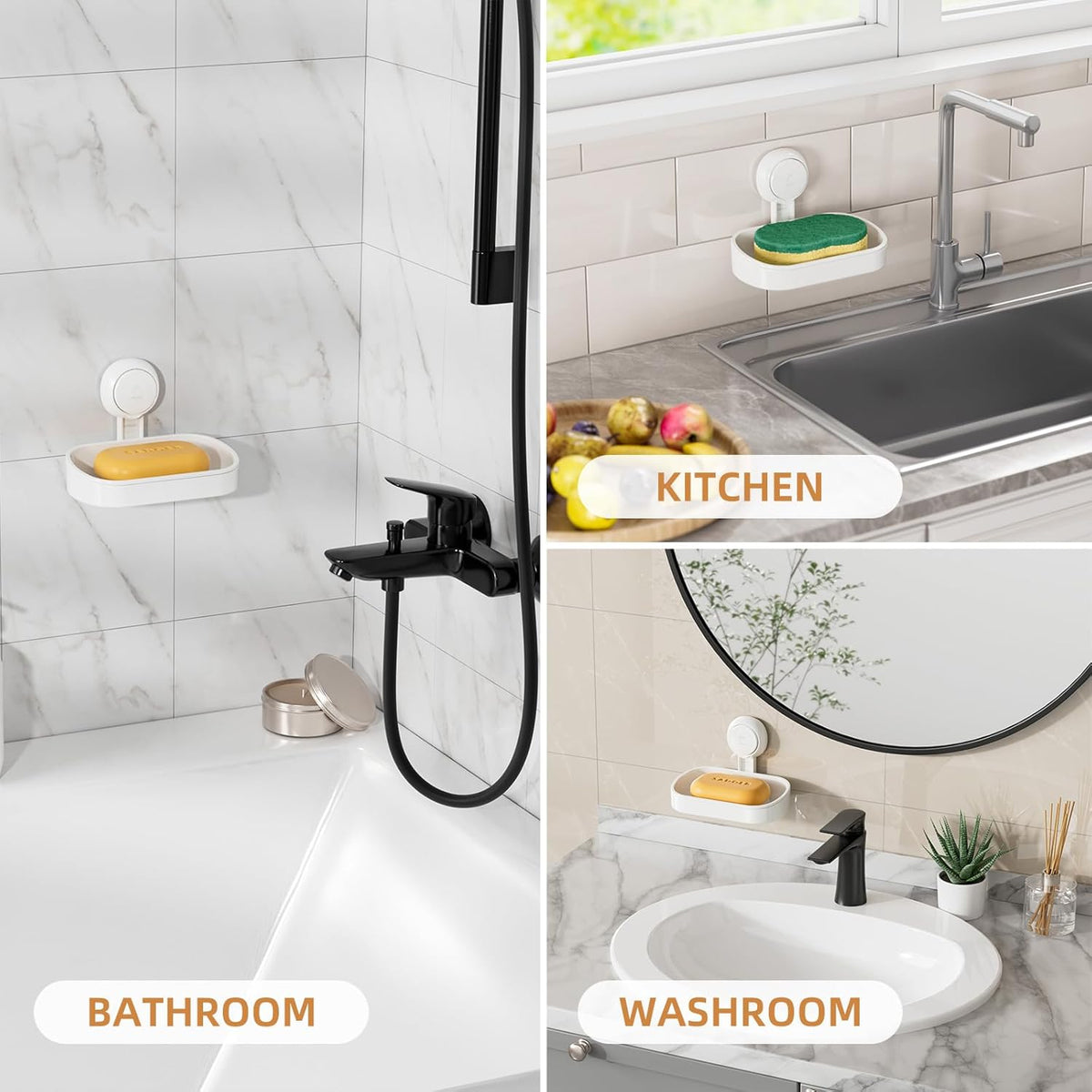 LEVERLOC Soap Dish Holder for Shower Suction Cup Wall Mounted Self Draining NO-Drilling Removable Bar Soap Sponge Holder for Bathroom Bathtub Kitchen Sink Waterproof Strong Vacuum Suction Adhesion